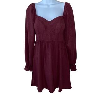Allison & Kelly Poet Sleeve Sweetheart Neck Burgundy Gold Shimmer Mini Dress M